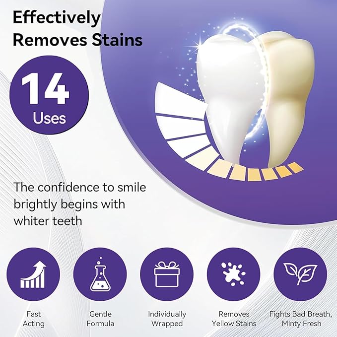 Purple Teeth Whitening Strips for Sensitive, Teeth Whitener Safe Whitestrip, Deep Stains Removal Tooth Whitening, Enamel Safe Non-Slip Dry Strip Technology for Whiter Teeth (14 STRIPS IN 1 BOX)