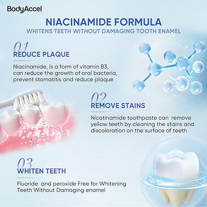 Pack BodyAccel Niacinamide Whitening Toothpaste, Triple Whitening Niacinamide Toothpaste, Brightens and Whitens Teeth, Natural Gentle, Fresh Breath
