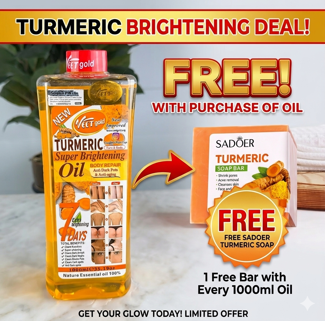 Turmeric Brightening Oil for Face & Body – Dark Spot Corrector, Skin Tone Enhancer, Hydrating Glow Oil for Hyperpigmentation & Uneven Skin 1000ml bottle ( FREE TURMERIC SOAP )