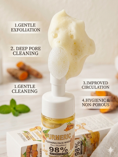 Turmeric Foaming Face Wash with Silicone Brush Head – Deep Cleansing Facial Cleanser for Dark Spots, Gentle Exfoliation, Uneven Skin Tone & Brighter-Looking Skin