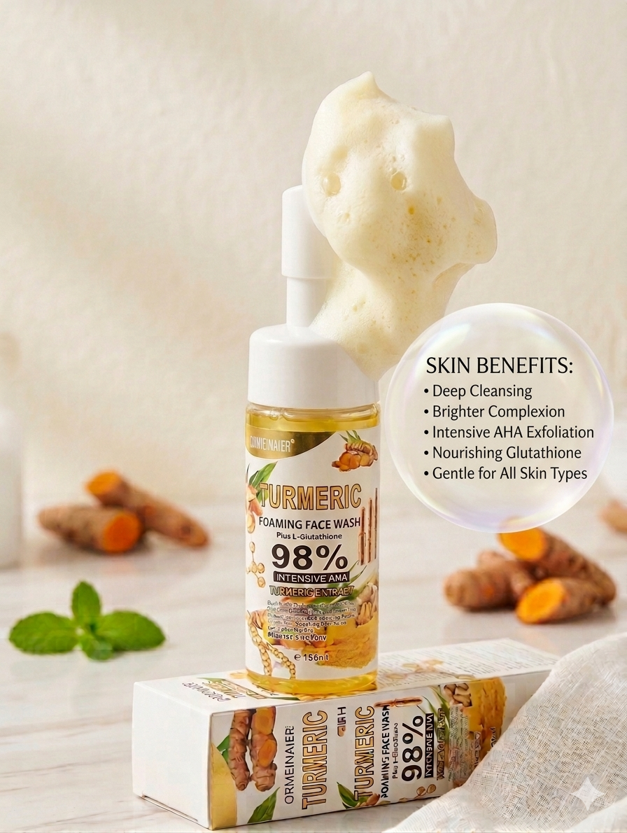 Turmeric Foaming Face Wash with Silicone Brush Head – Deep Cleansing Facial Cleanser for Dark Spots, Gentle Exfoliation, Uneven Skin Tone & Brighter-Looking Skin
