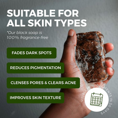 Raw African Black Soap (200 Grams) from Ghana for Dark Spots, Acne Marks & Uneven Skin Tone | Authentic Handmade Natural Soap for Face & Body | Deep Cleansing Moisturizing Bar